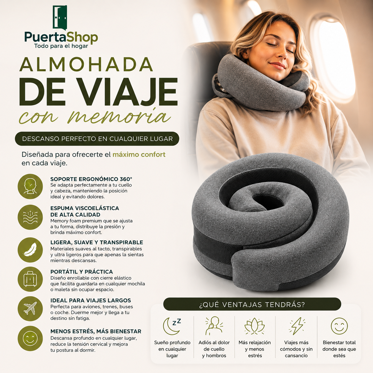 😴 ViajaMejor™ | Almohada Ergonómica de Viaje con Espuma Viscoelástica ✈️