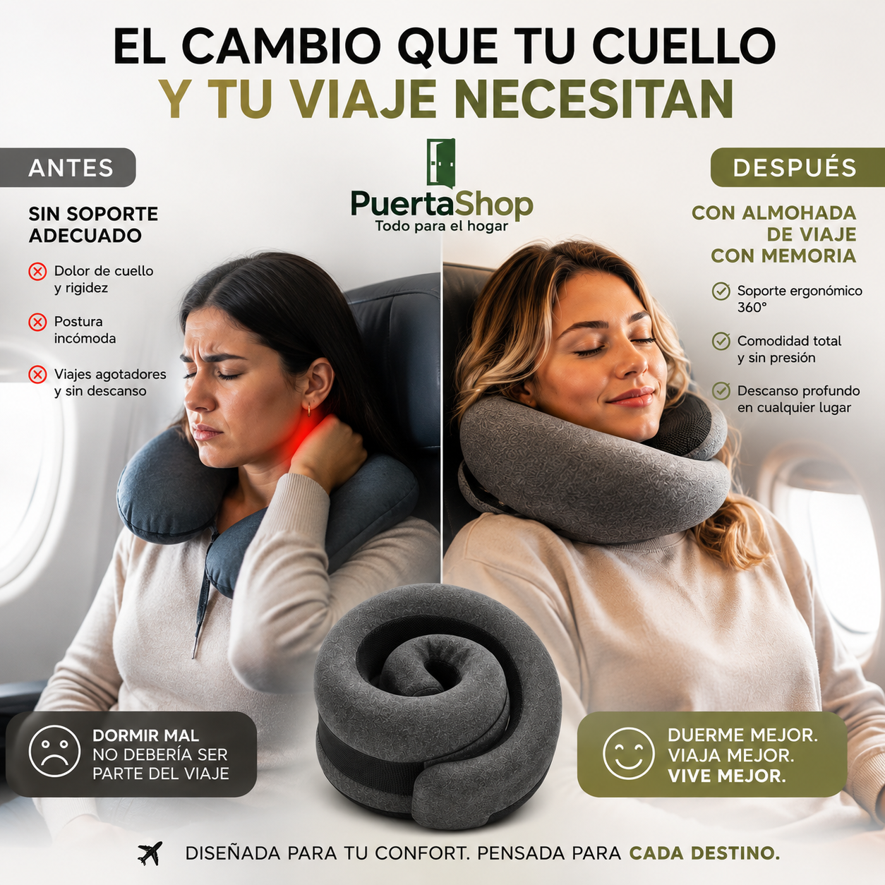 😴 ViajaMejor™ | Almohada Ergonómica de Viaje con Espuma Viscoelástica ✈️