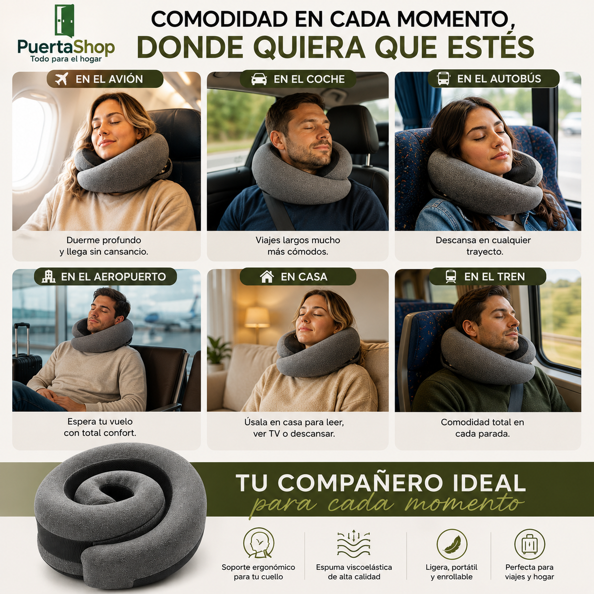 😴 ViajaMejor™ | Almohada Ergonómica de Viaje con Espuma Viscoelástica ✈️