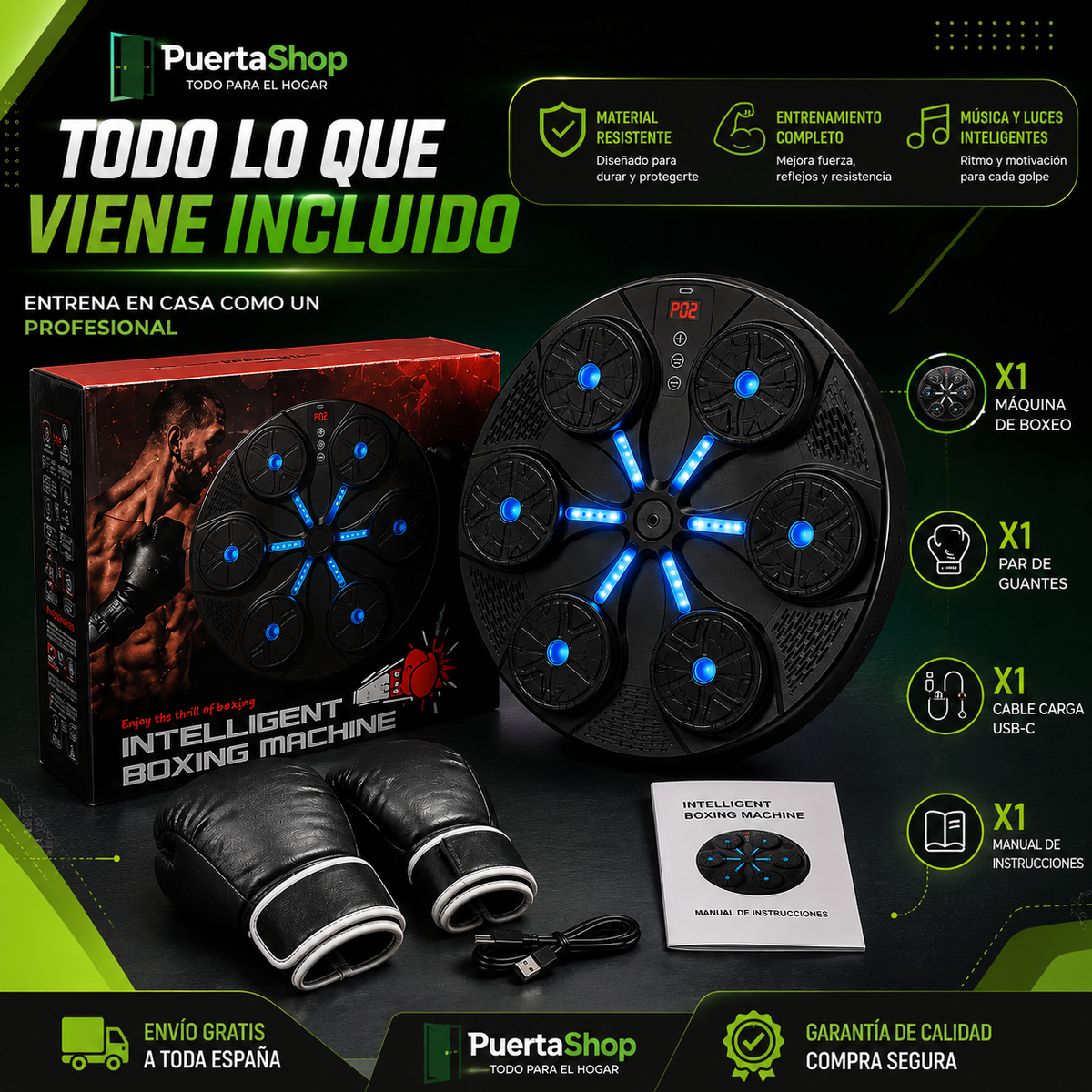 🥊 BoxeoFit Pro + caja y cargador + Bluetooth Premium + Guantes Profesionales 🔥